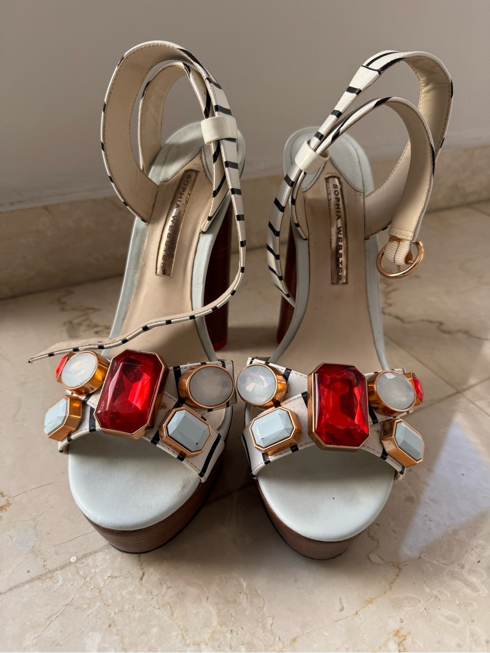 Sophia Webster White Platform Sandals with Red and Gold Gem Accents